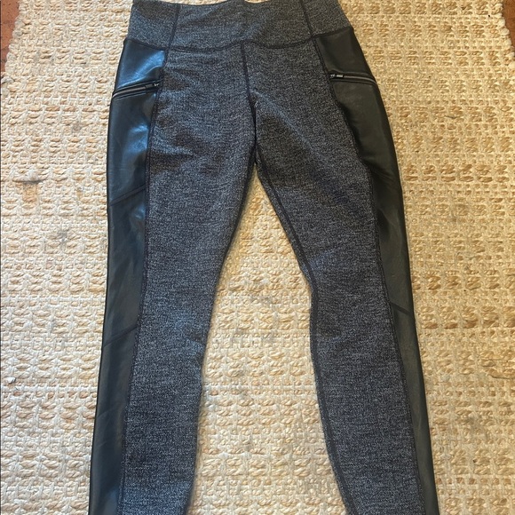 Athleta Black and Gray Patterned Leggings, herringbone pattern with leather - Picture 6 of 8